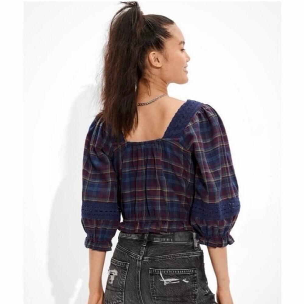 NWT American Eagle Navy Plaid Lace Trim Puff Sleeve Peasant Top XS Cottagecore - Picture 2 of 8
